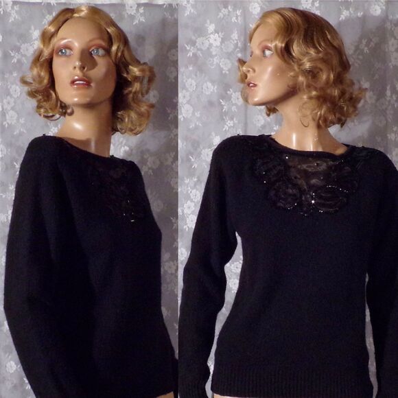 Vintage 80s Black Lace Sweater 1980s Silk Angora Pullover by Cristina Size S/M - Picture 2 of 8